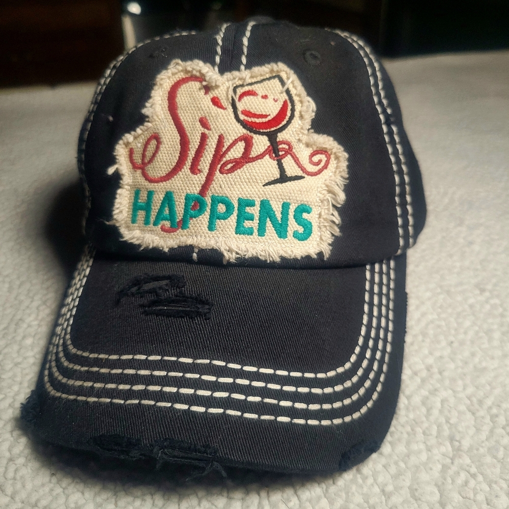 Black Distressed Cap w/ Embroidered Patch Design "Sip Happens" - Women's Size OS - Picture 1 of 7